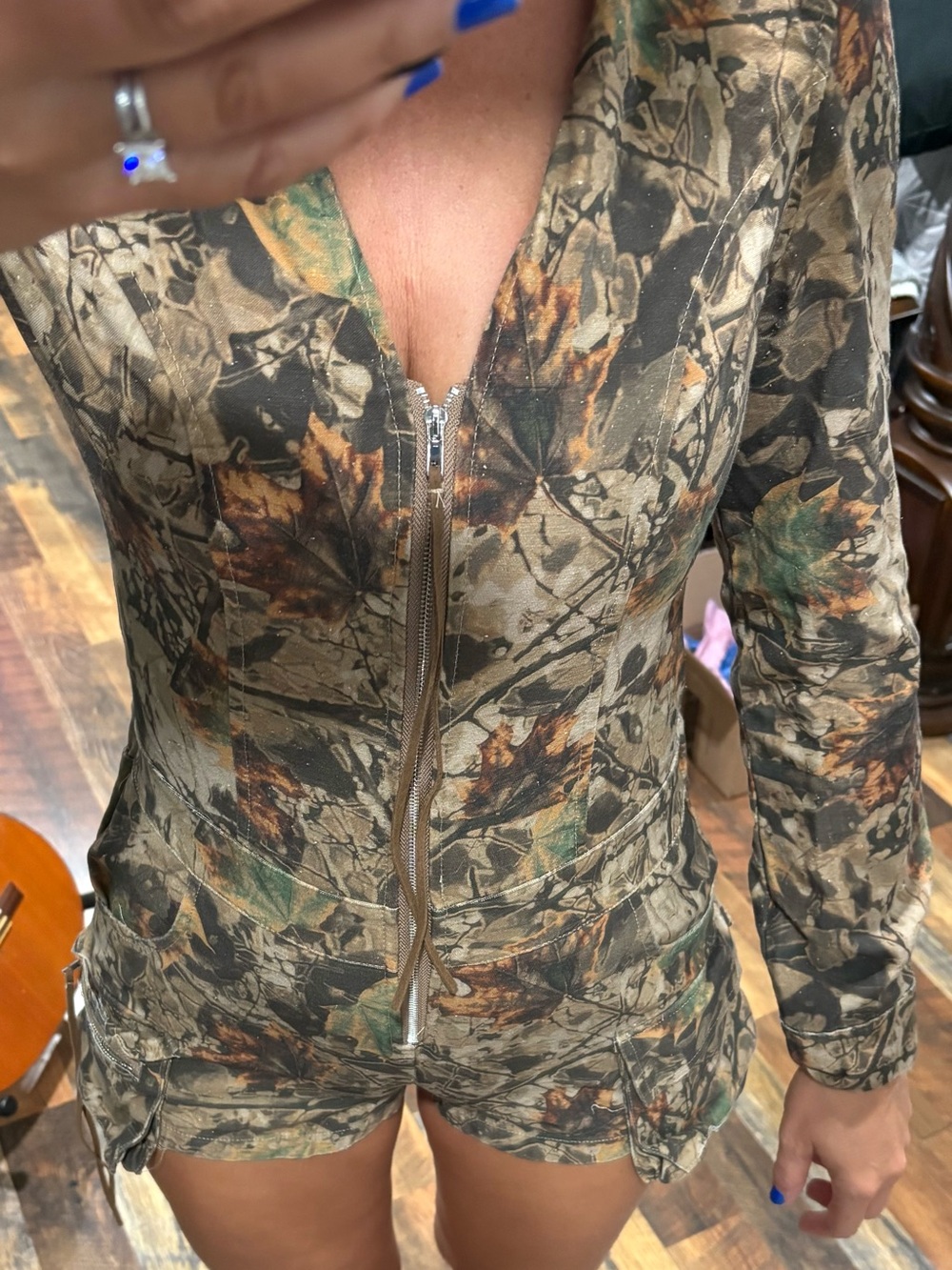 Fashion Nova Camouflage Zip-Front Utility romper - Brown/Green/Black - Picture 4 of 6